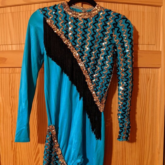 Handmade turquoise/gold/black sequined ice skating/dance jumpsuit with tassels - Picture 1 of 3